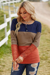 Color Block Spliced Lace Sleeve Ribbed Top - Flyclothing LLC