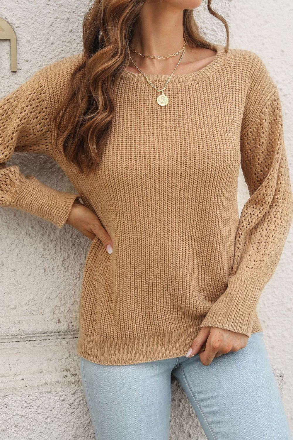 Ribbed Openwork Sleeve Round Neck Pullover Sweater - Trendsi