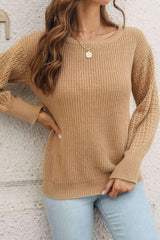 Ribbed Openwork Sleeve Round Neck Pullover Sweater - Trendsi