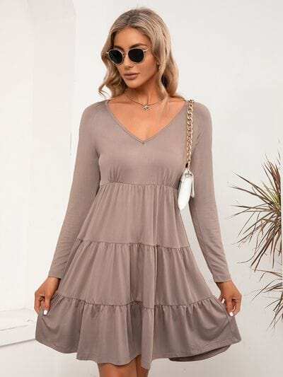 V-Neck Long Sleeve Tiered Dress - Trendsi - Flyclothing LLC