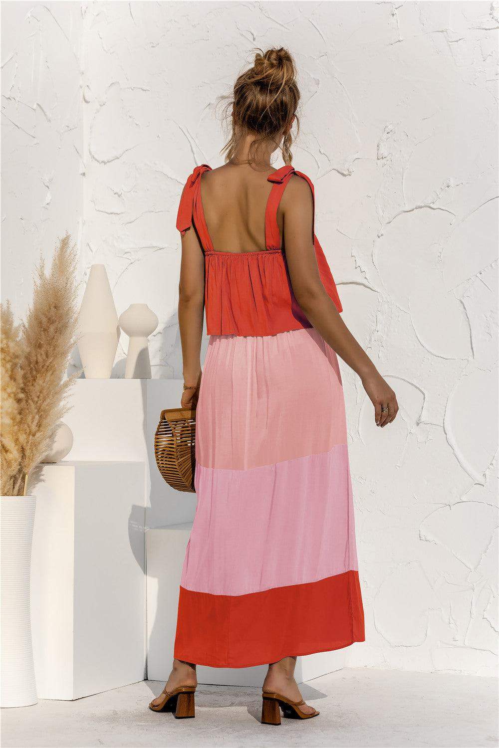 Color Block Tie Shoulder Tiered Sleeveless Dress - Trendsi - Flyclothing LLC