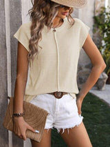 Rolled Cap Sleeve Round Neck Sweater Vest - Trendsi - Flyclothing LLC