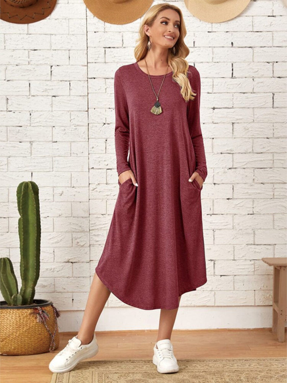 Pocketed Round Neck Long Sleeve Tee Dress - Trendsi