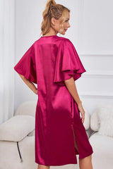 Satin Flutter Sleeve Side Slit V-Neck Night Dress - Trendsi