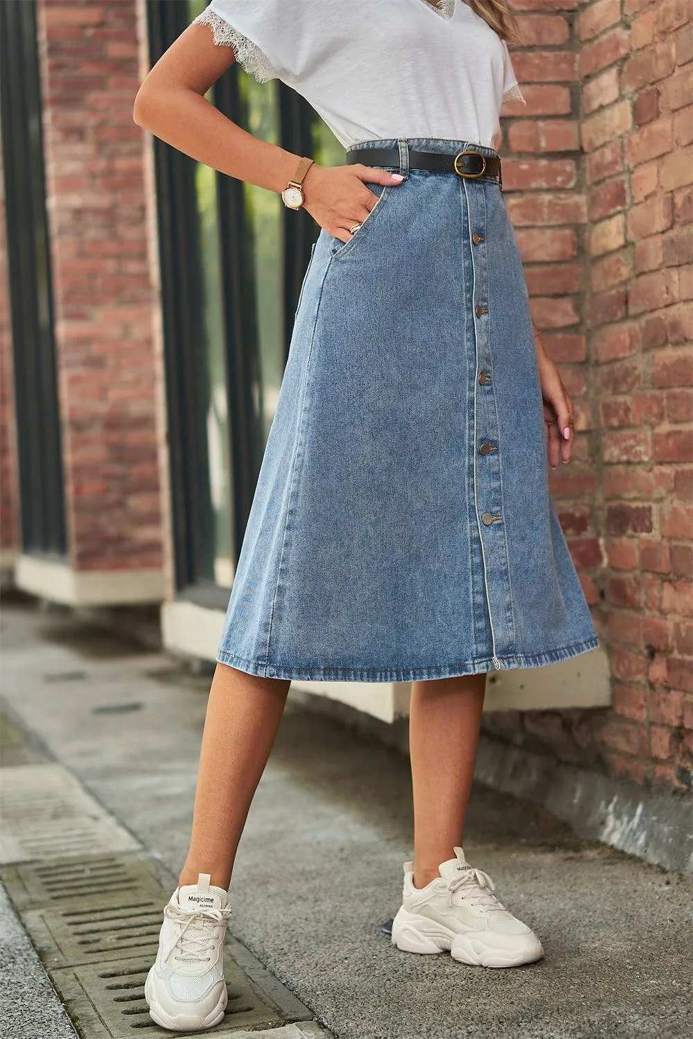 Button Front A-Line Denim Skirt - Trendsi - Flyclothing LLC
