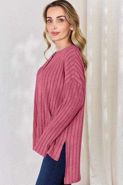 Basic Bae Full Size Ribbed Half Button Long Sleeve High-Low T-Shirt - Trendsi - Flyclothing LLC