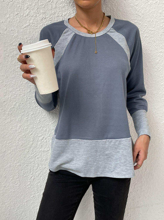 Waffle-knit Round Neck Raglan Sleeve Tee - Trendsi - Flyclothing LLC