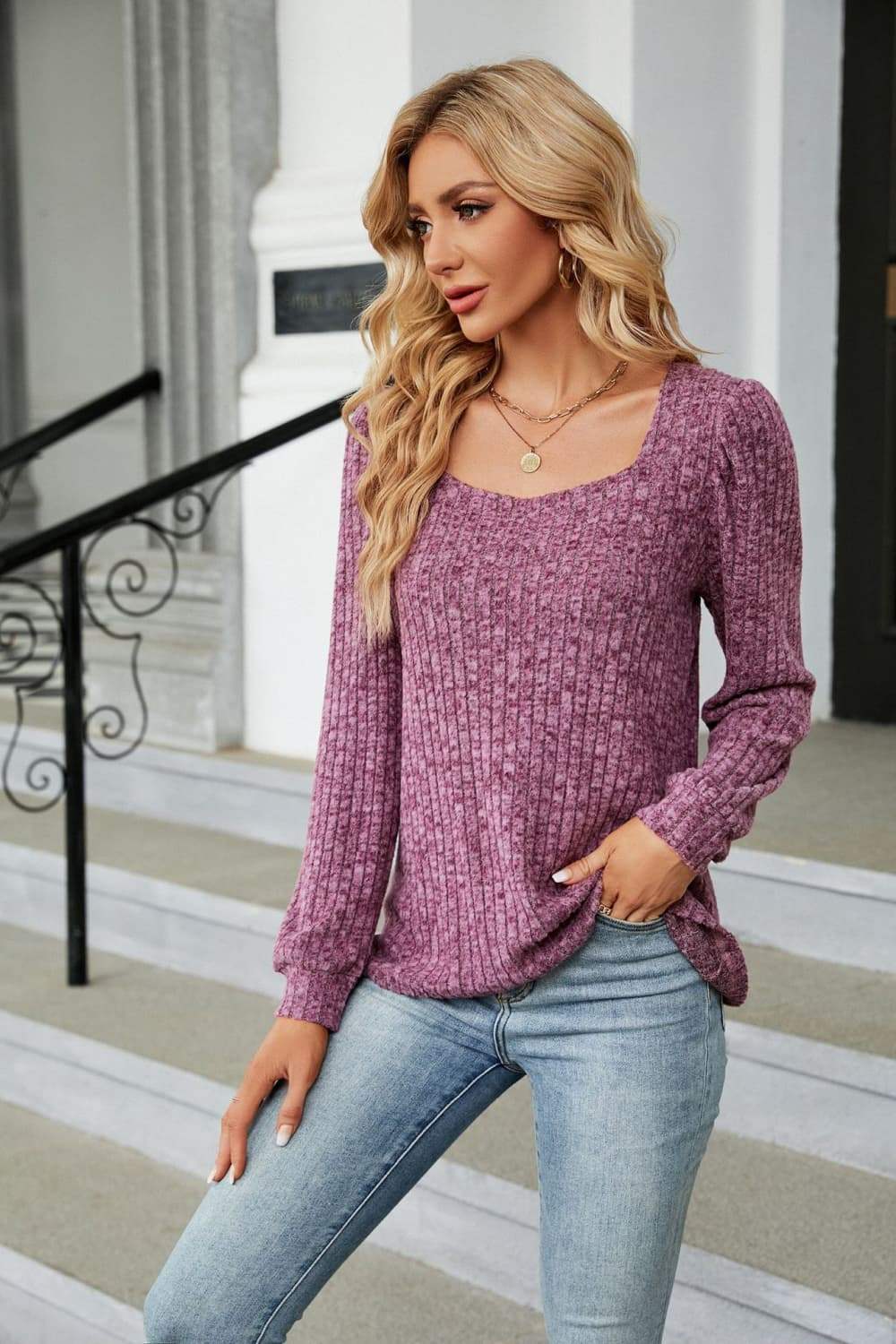 Ribbed Square Neck Long Sleeve T-Shirt - Trendsi - Flyclothing LLC