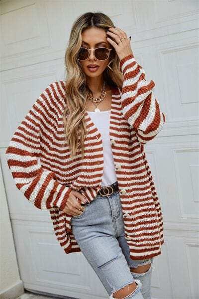 Striped Button Up Long Sleeve Cardigan - Trendsi - Flyclothing LLC