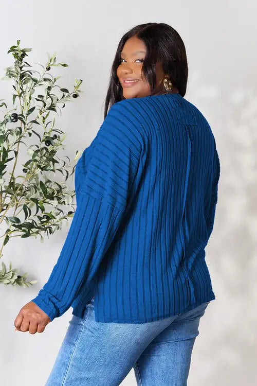 Basic Bae Full Size Ribbed Round Neck Slit T-Shirt - Trendsi - Flyclothing LLC