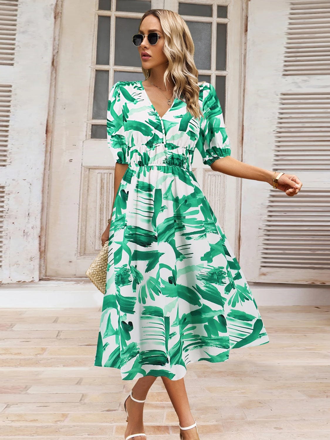Ruched Printed Surplice Short Sleeve Dress - Trendsi