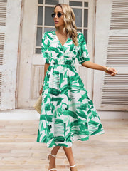 Ruched Printed Surplice Short Sleeve Dress - Trendsi