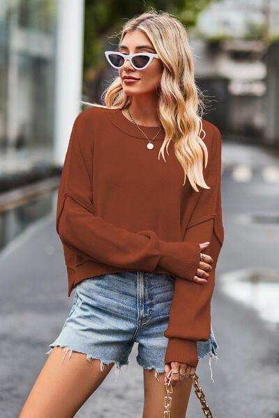 Round Neck Drop Shoulder Long Sleeve Sweater - Trendsi - Flyclothing LLC