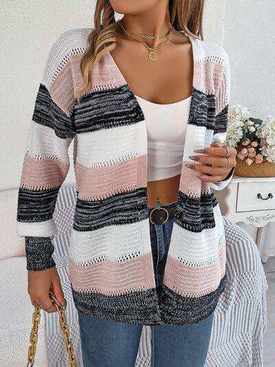 Openwork Striped Open Front Cardigan - Trendsi - Flyclothing LLC
