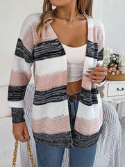 Openwork Striped Open Front Cardigan - Trendsi