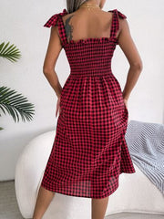 Frill Plaid Square Neck Midi Dress - Trendsi