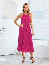 Pleated Spaghetti Strap Tie Waist Midi Dress - Trendsi - Flyclothing LLC