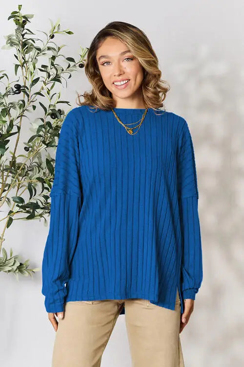 Basic Bae Full Size Ribbed Round Neck Slit T-Shirt - Trendsi - Flyclothing LLC