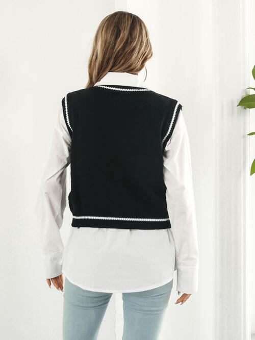 Skull Contrast V-Neck Sweater Vest - Flyclothing LLC