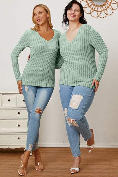Basic Bae Full Size Ribbed V-Neck Long Sleeve T-Shirt - Trendsi - Flyclothing LLC