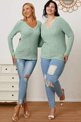 Basic Bae Full Size Ribbed V-Neck Long Sleeve T-Shirt - Trendsi - Flyclothing LLC