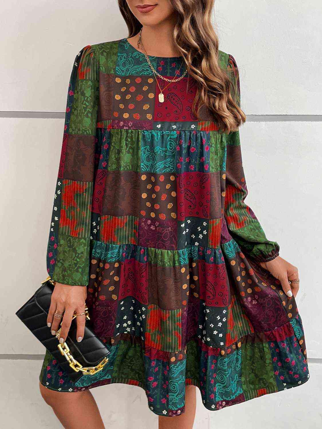 Patchwork Round Neck Long Sleeve Dress - Trendsi