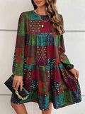 Patchwork Round Neck Long Sleeve Dress - Trendsi