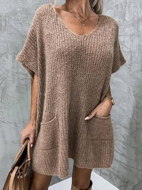 V-Neck Short Sleeve Sweater with Pockets - Flyclothing LLC