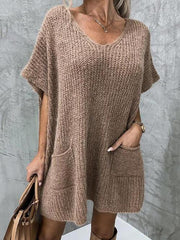 V-Neck Short Sleeve Sweater with Pockets - Flyclothing LLC