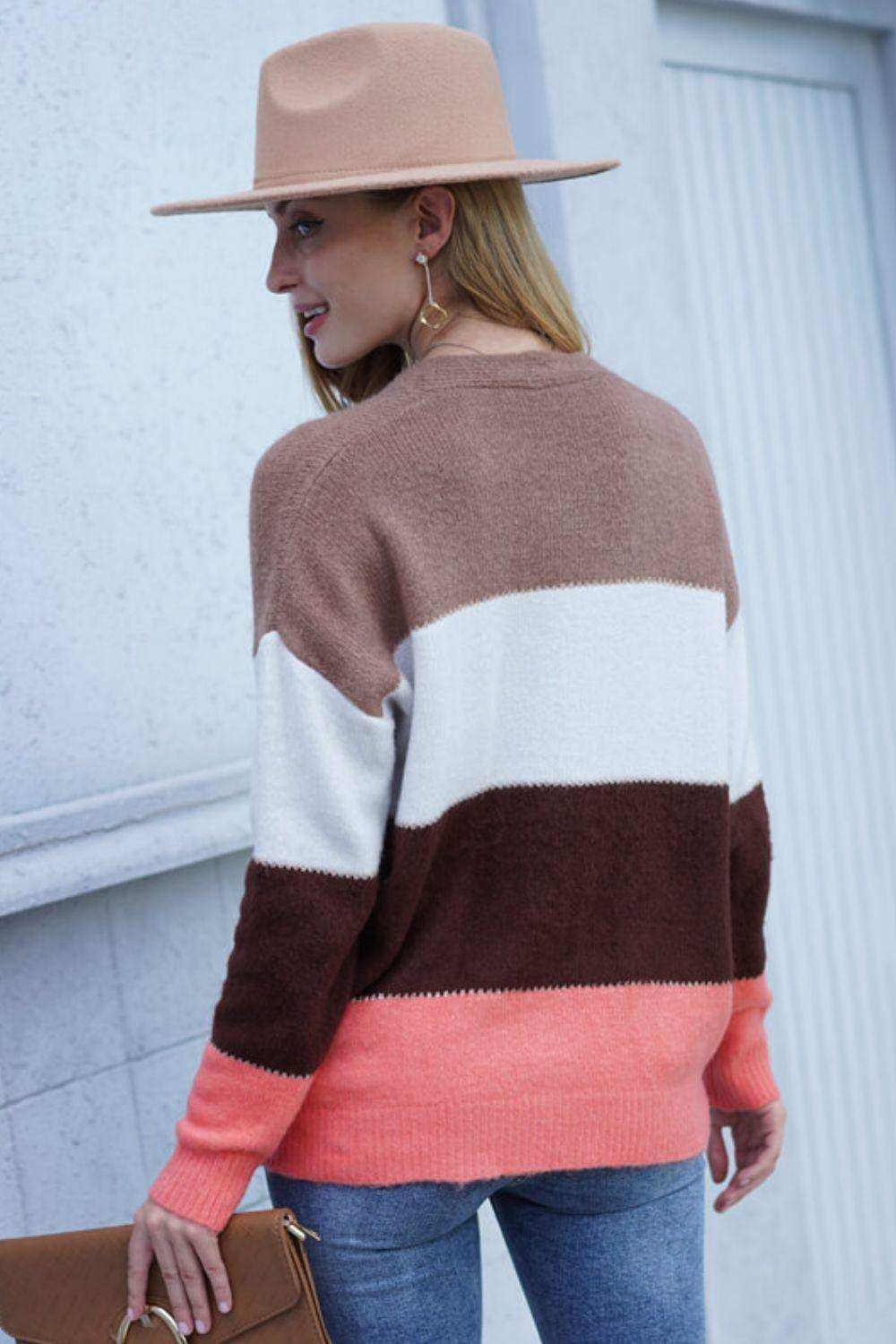 Color Block V-Neck Button Down Cardigan - Trendsi - Flyclothing LLC