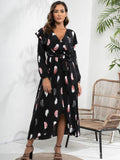 Printed Tie Front Ruffle Trim Long Sleeve Dress - Trendsi