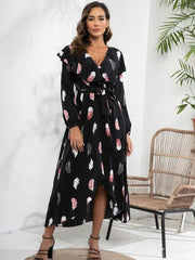 Printed Tie Front Ruffle Trim Long Sleeve Dress - Trendsi