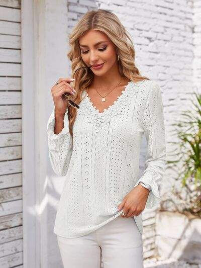 Applique V-Neck Flounce Sleeve T-Shirt - Trendsi - Flyclothing LLC