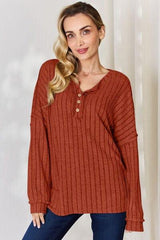 Basic Bae Full Size Ribbed Half Button Long Sleeve T-Shirt - Trendsi
