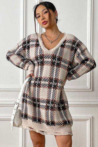 Plaid V-Neck Long Sleeve Sweater Dress - Trendsi - Flyclothing LLC