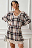 Plaid V-Neck Long Sleeve Sweater Dress - Trendsi - Flyclothing LLC