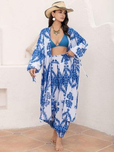 Printed Open Front Top and Pants Set - Trendsi - Flyclothing LLC