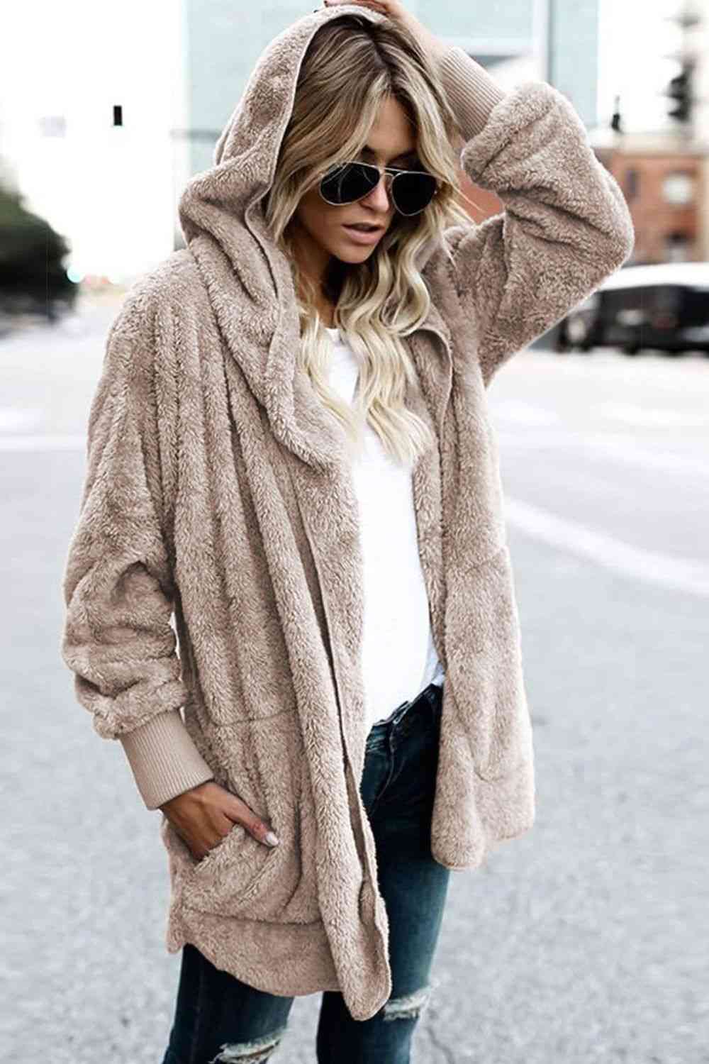 Teddy Hooded Jacket with Pockets - Trendsi - Flyclothing LLC
