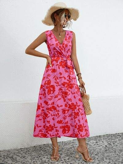 Tied Printed Surplice Tiered Dress - Trendsi - Flyclothing LLC
