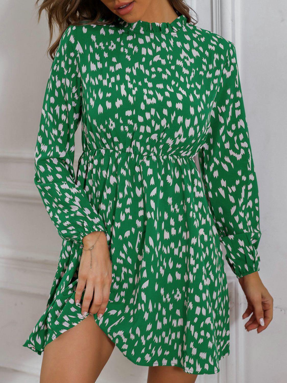 Printed Frill Neck Long Sleeve Dress - Trendsi