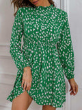 Printed Frill Neck Long Sleeve Dress - Trendsi - Flyclothing LLC