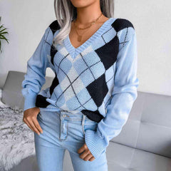 Geometric V-Neck Sweater - Trendsi