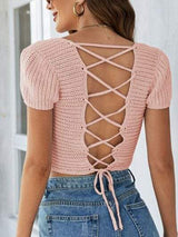 Lace-Up Openwork Square Neck Sweater - Trendsi - Flyclothing LLC