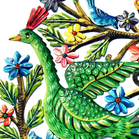 Peacock in Tree Haitian Metal Drum Wall Art - Haitian Artisans