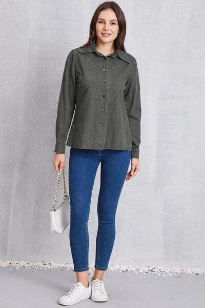 Collared Neck Button Up Denim Top - Trendsi - Flyclothing LLC