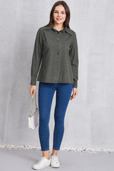 Collared Neck Button Up Denim Top - Trendsi