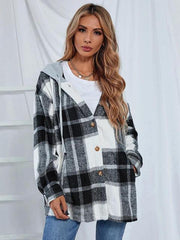 Plaid Hooded Jacket with Pockets - Trendsi