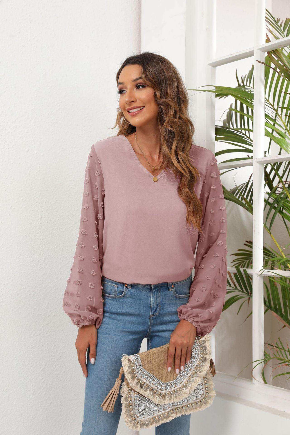 Swiss Dot Balloon Sleeve Blouse - Trendsi - Flyclothing LLC