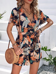 Botanical Print Surplice Neck Tie Waist Romper - Trendsi