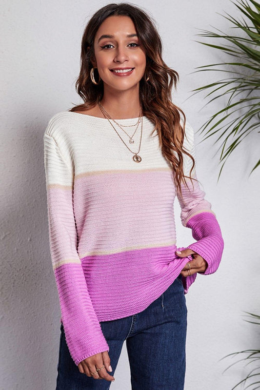 Color Block Horizontal Ribbing Sweater - Trendsi